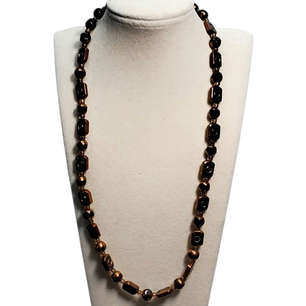 Black and Gold Bead Necklace 20" Unsigned